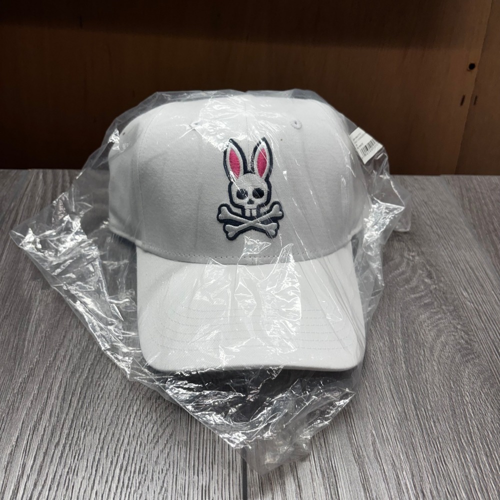 Psycho Bunny Mens White Oversized 4K Bunny Logo Baseball Hat Cap B6A270TC NWT